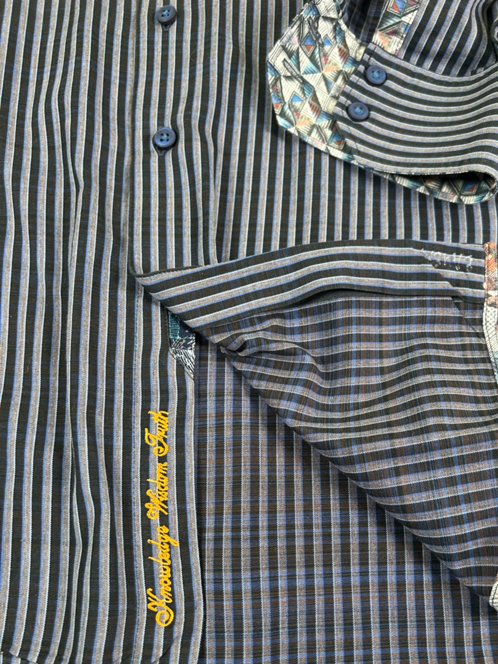 ROBERT GRAHAM Striped Button Down Geometric Flip Cuff Black Blue Gray Classic L - Picture 8 of 15
